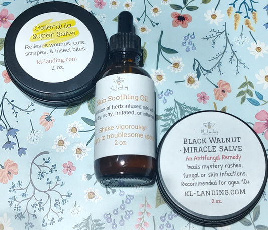 Home Healing Kit- Calendula & Turmeric Super Salve, Black Walnut Miracle Salve, & Skin Soothing Oil